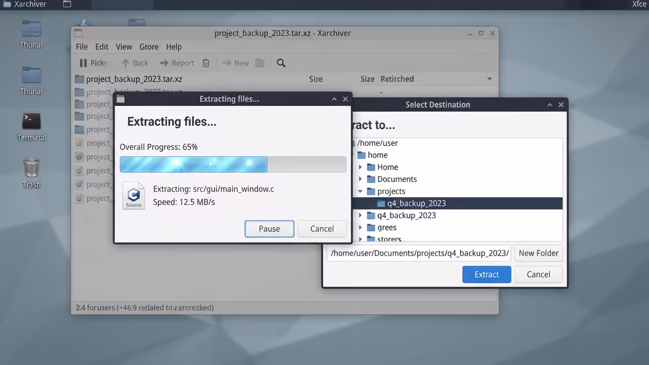 Archive extraction progress bar and folder selection