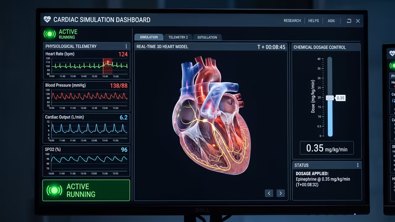 Medical simulation dashboard showing a virtual heart and real time telemetry