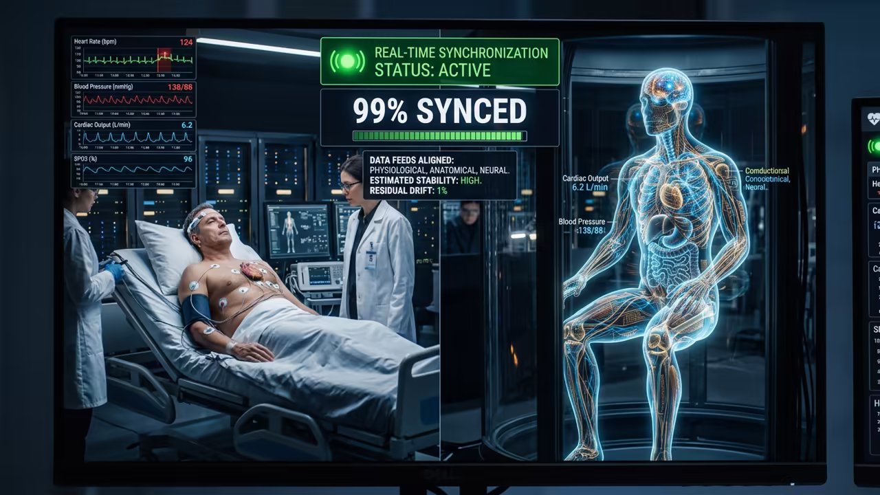 Split screen showing a physical patient and their identical holographic twin