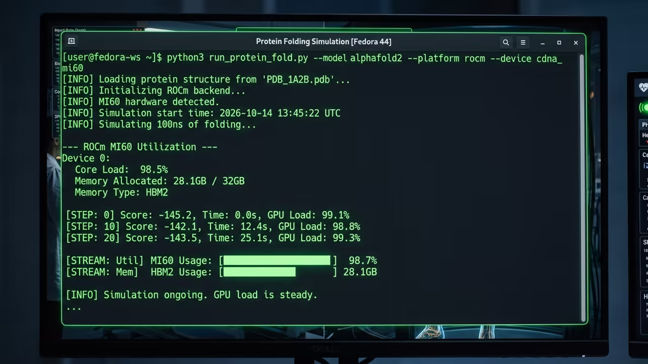 Fedora 44 terminal running a protein folding simulation on ROCm