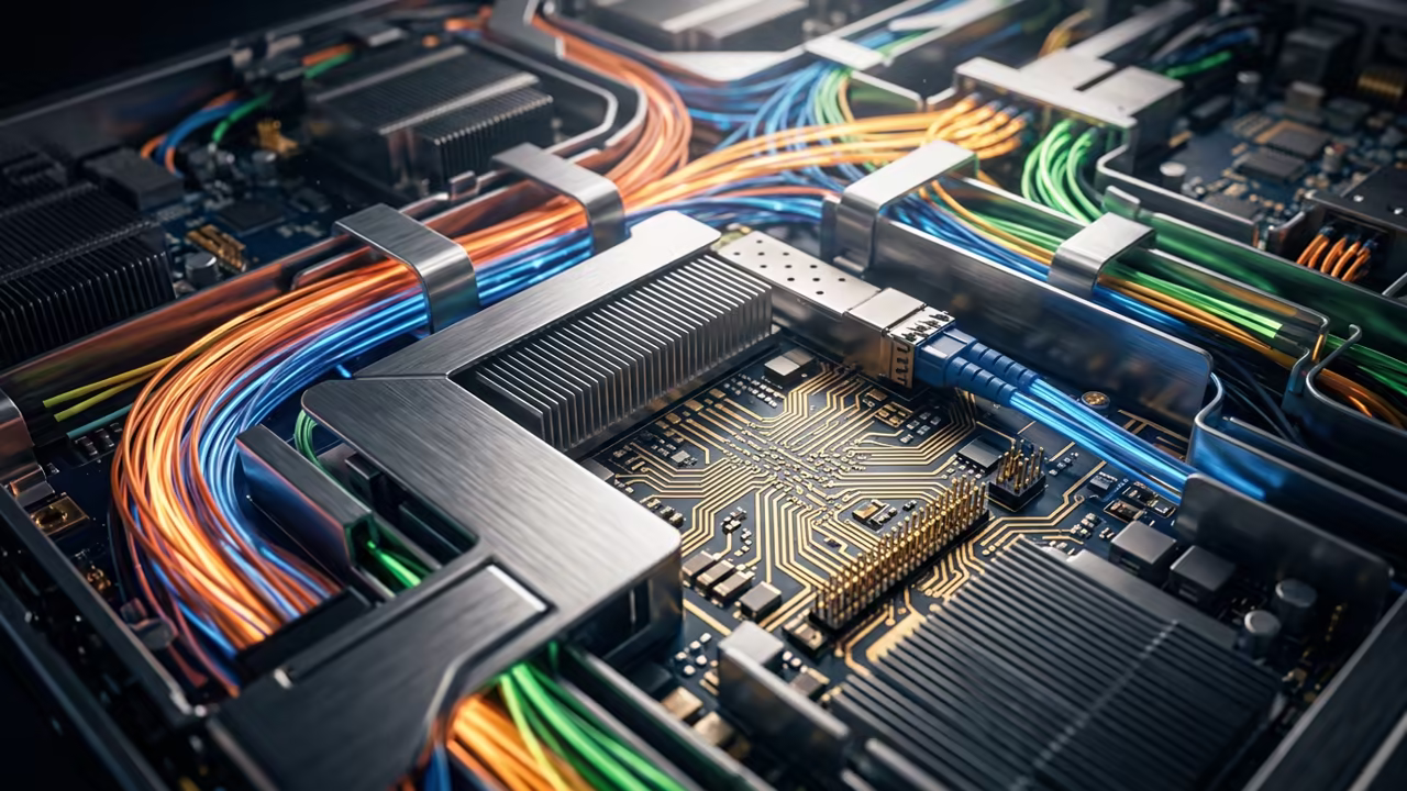 High end server hardware with glowing fiber optics