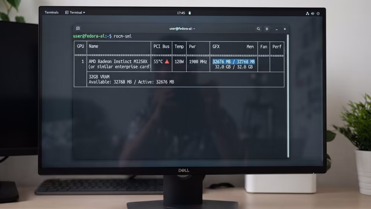 Fedora 44 terminal displaying rocm-smi output showing 32GB VRAM