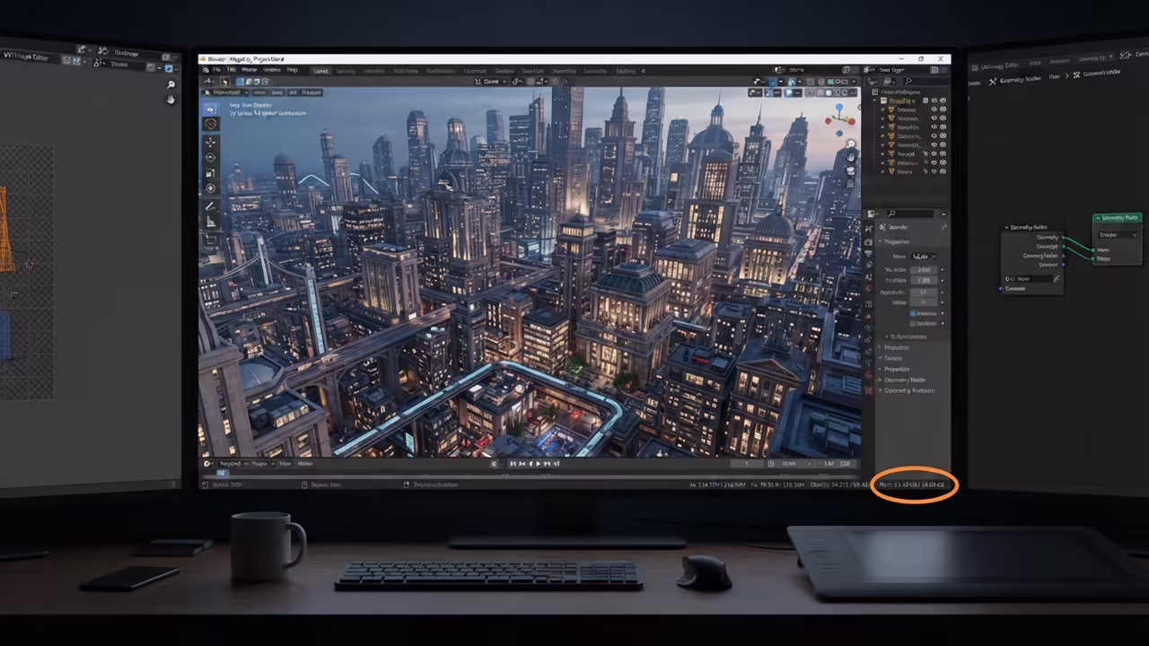 Blender viewport showing high VRAM usage for architectural city