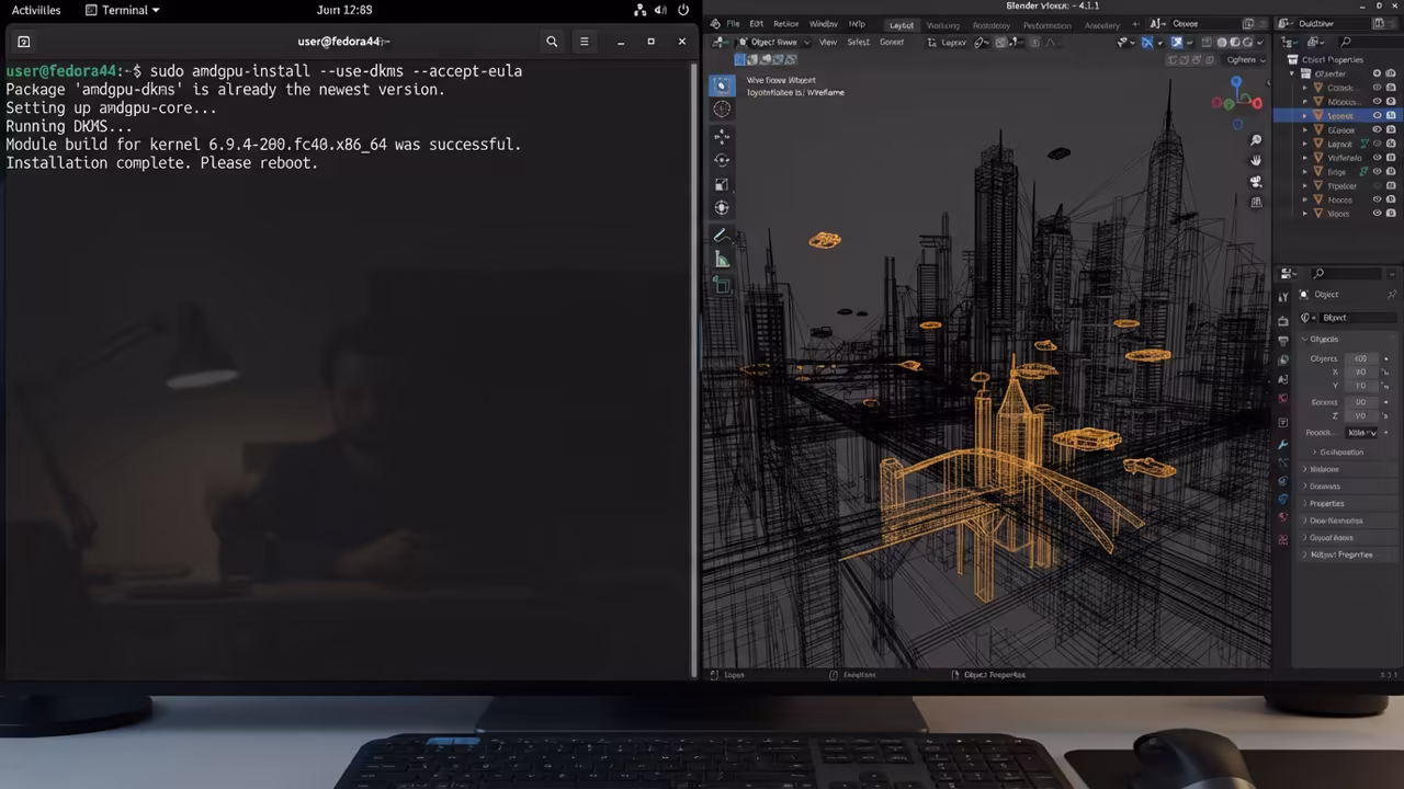 Collage of Fedora terminal and Blender layout