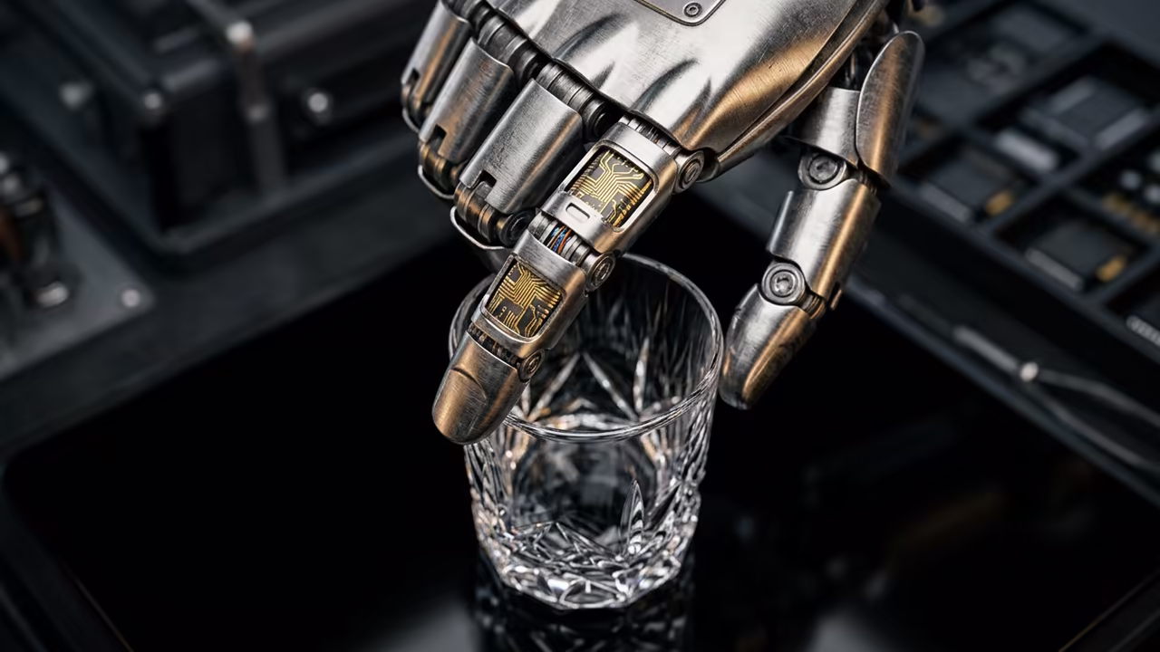 Robotic hand touching fragile glassware
