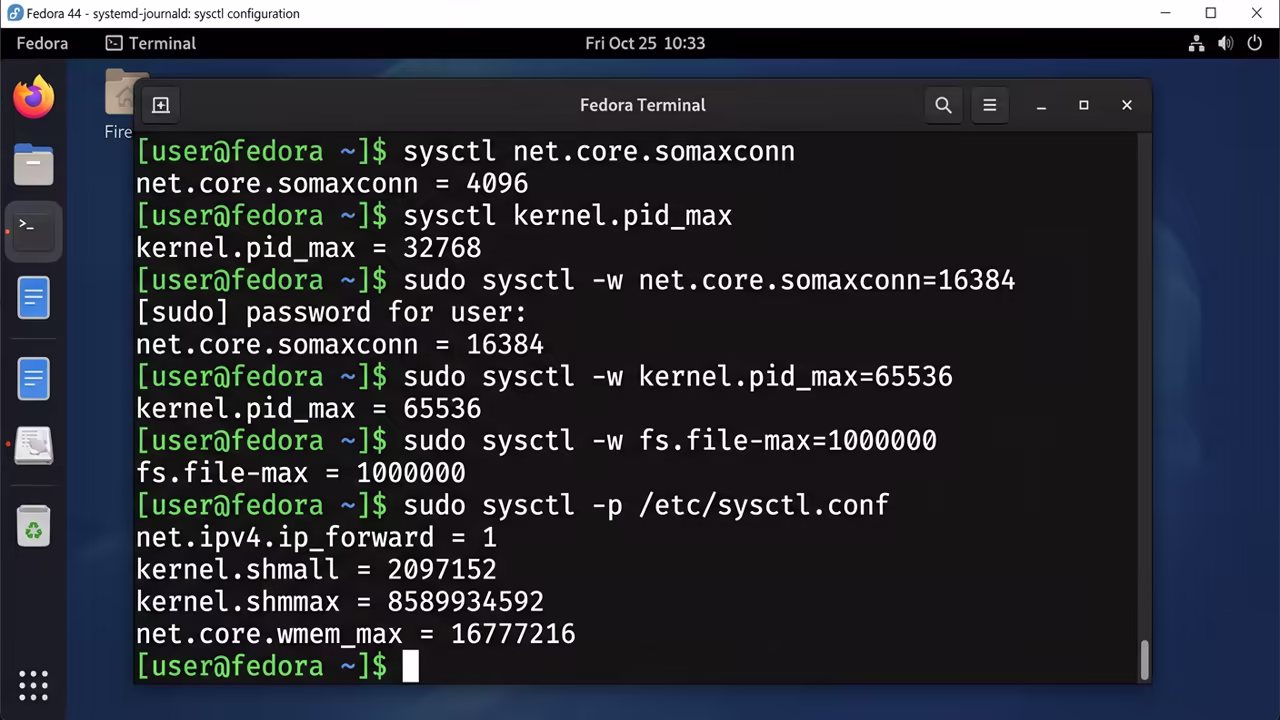 Fedora 44 terminal showing sysctl kernel parameter modifications
