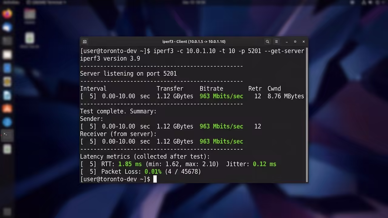 Linux terminal displaying network throughput and latency metrics