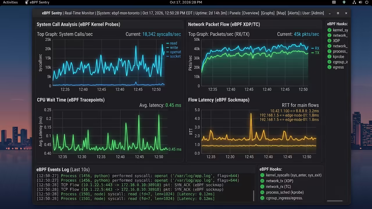 eBPF monitoring tool showing system calls and packet flow