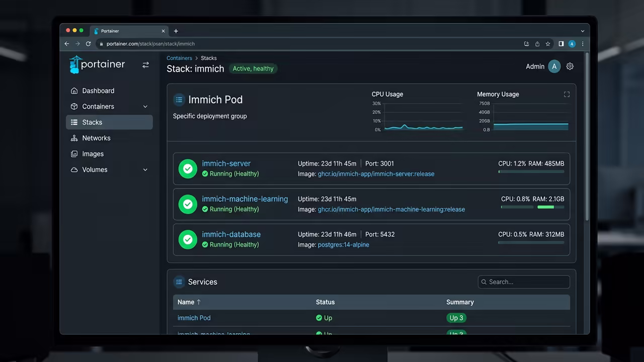 Container management dashboard showing running Immich pod