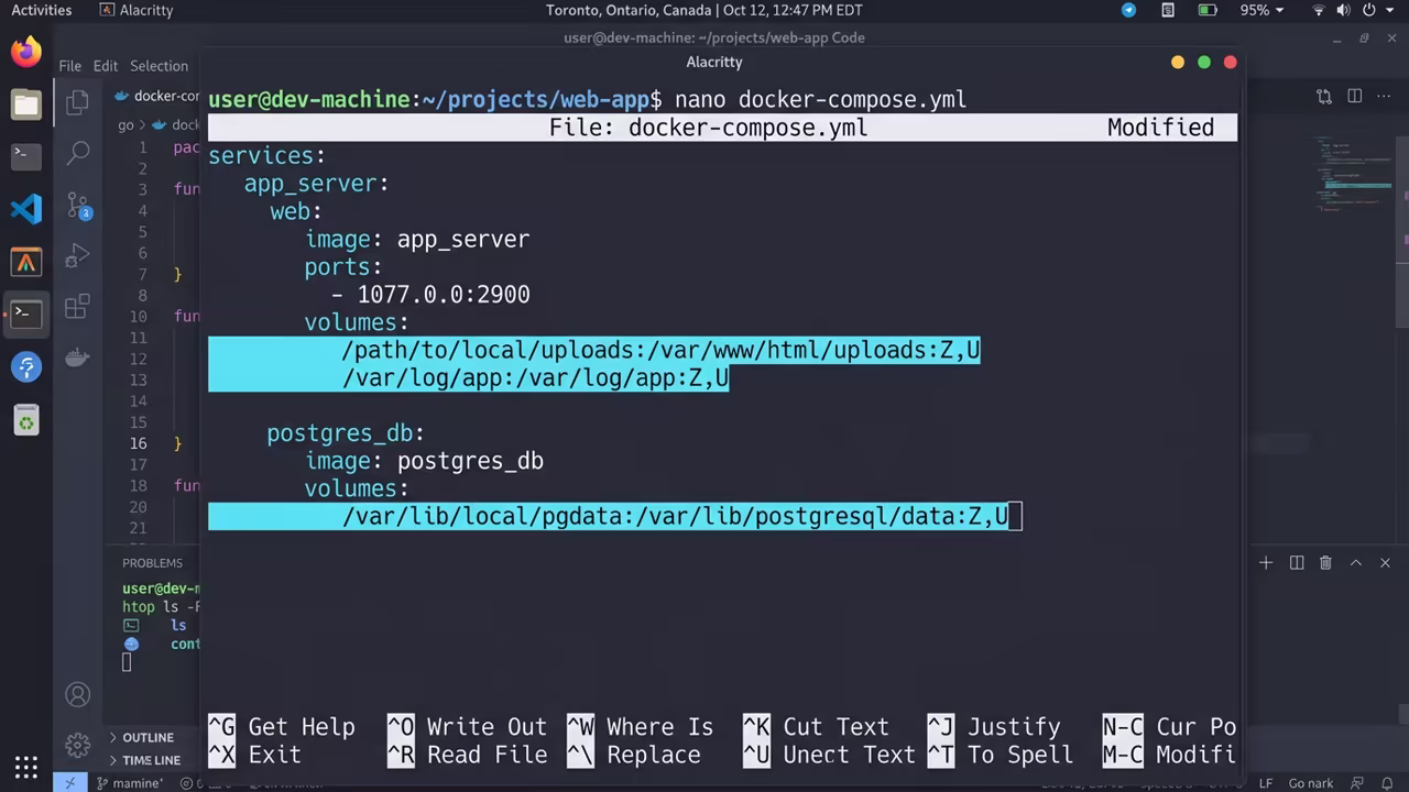 Terminal displaying docker-compose.yml with Z U flags