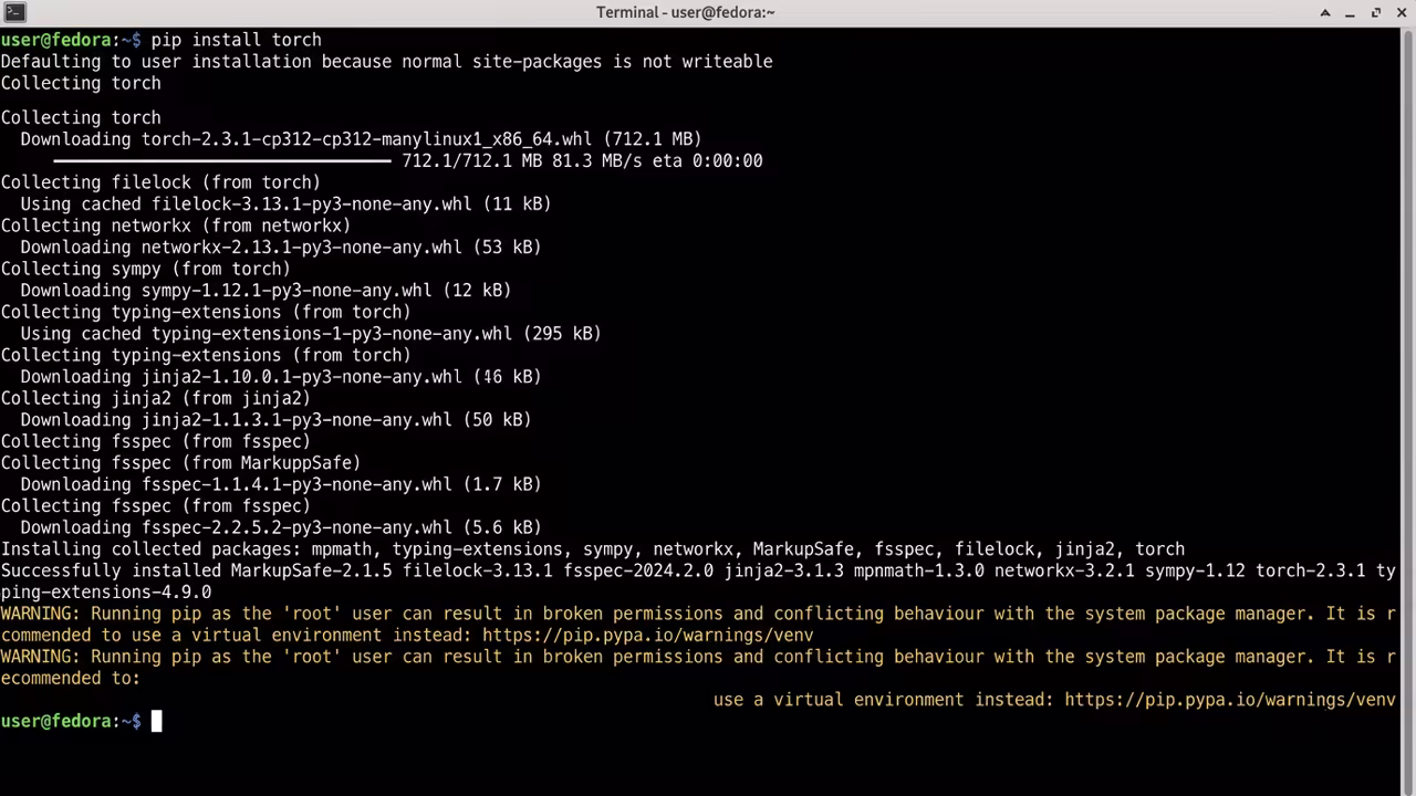 Fedora 44 terminal showing PyTorch installation