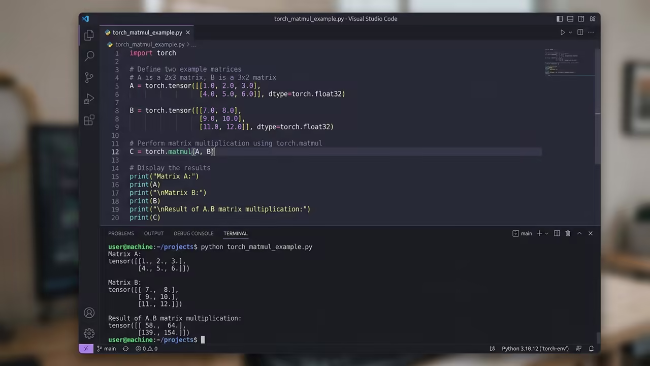 VS Code showing torch matmul operation