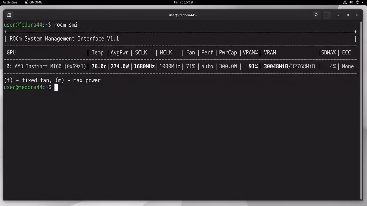 rocm-smi output on Fedora 44