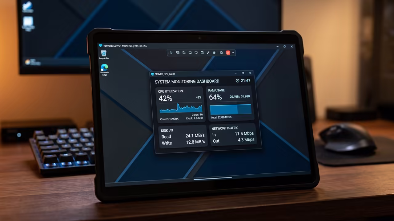 Remote desktop interface on a tablet showing a system monitoring dashboard