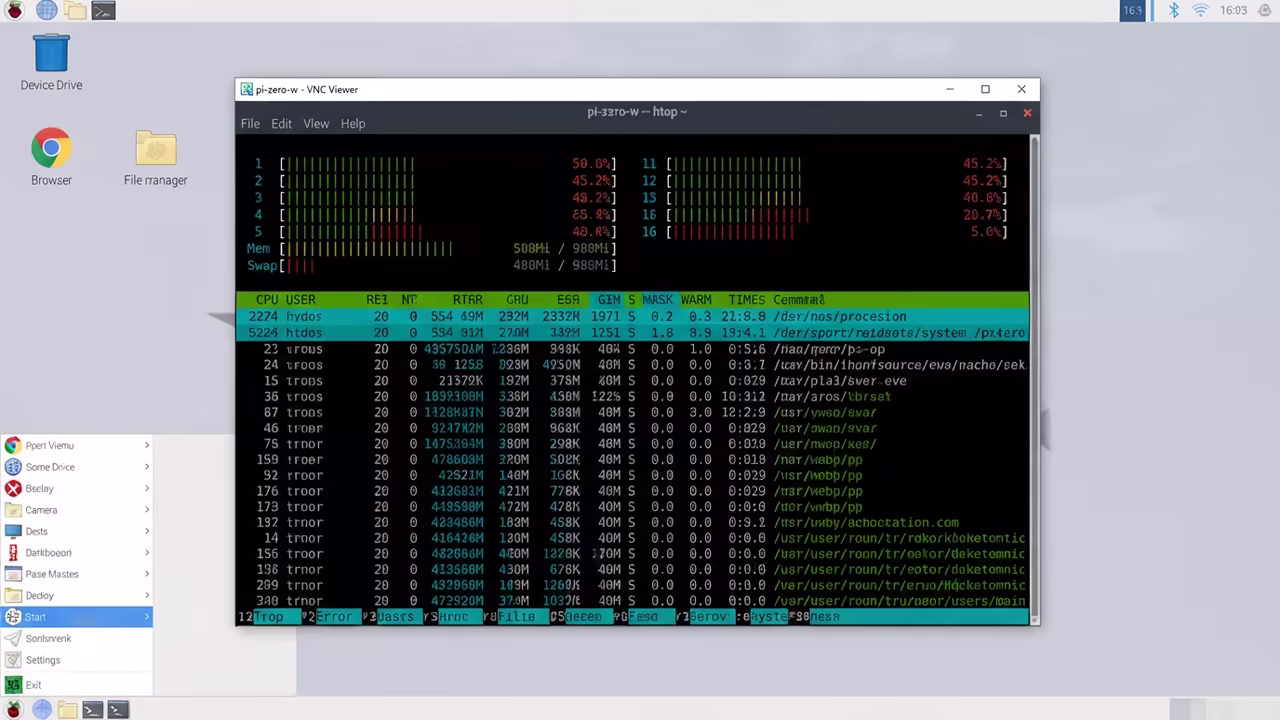 hTop interface running on Raspberry Pi Zero W via VNC
