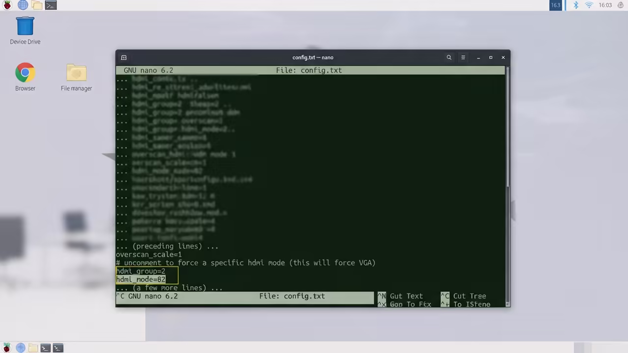 Config.txt file showing hdmi_group and hdmi_mode settings