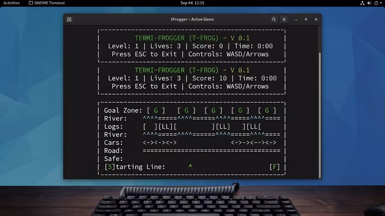 tFrogger active gameplay in terminal