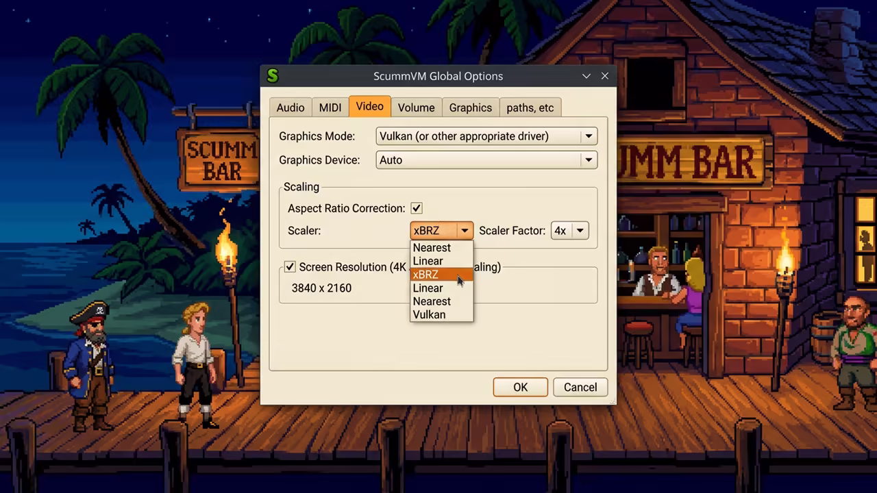 ScummVM settings showing xBRZ scaling on a 4K display