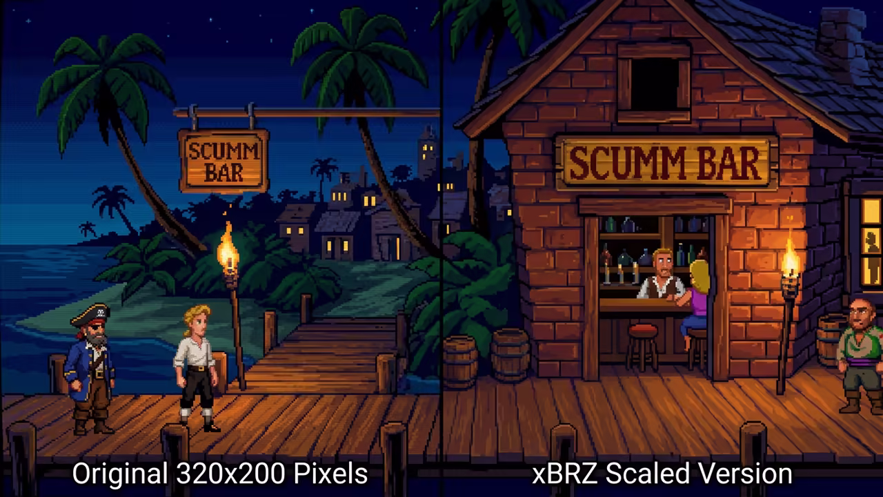 Comparison of original pixels versus xBRZ scaled graphics