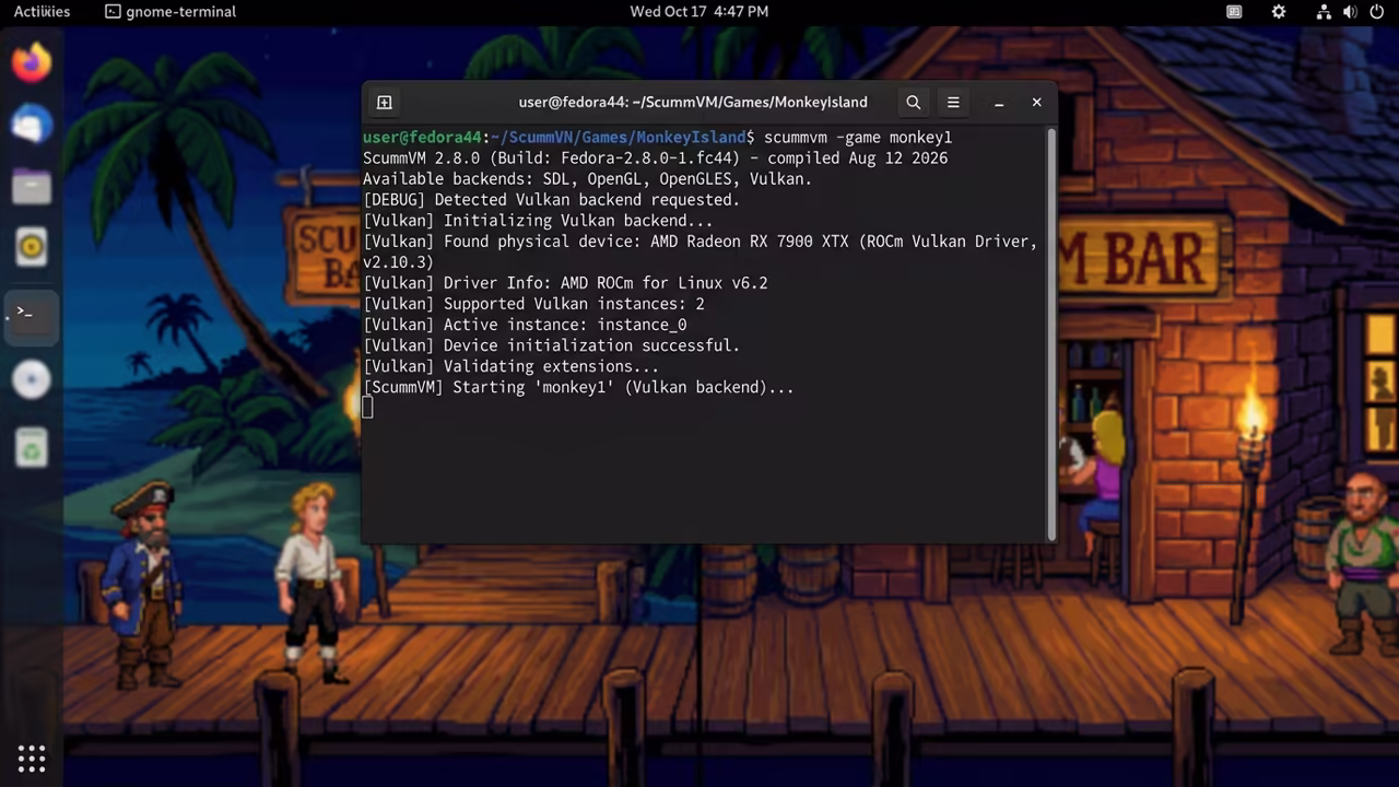 Fedora terminal running ScummVM with ROCm Vulkan drivers