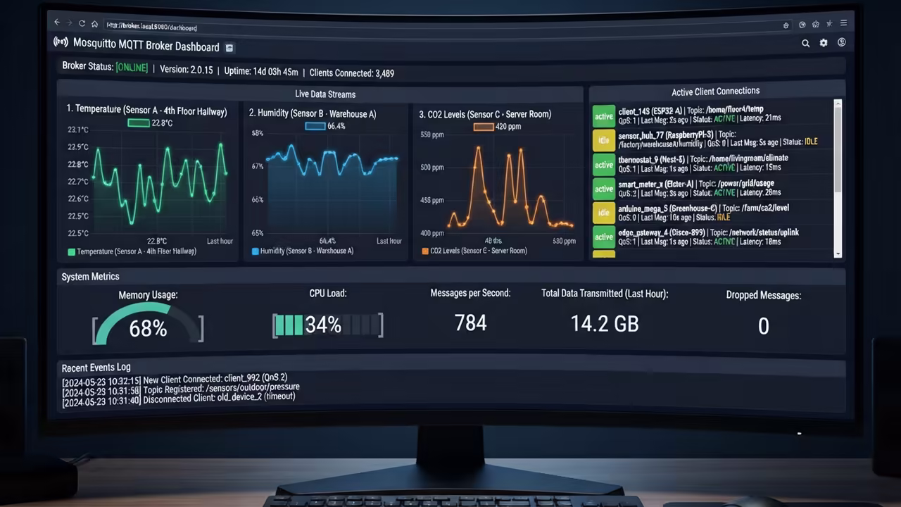 Mosquitto MQTT broker dashboard showing real time sensor data