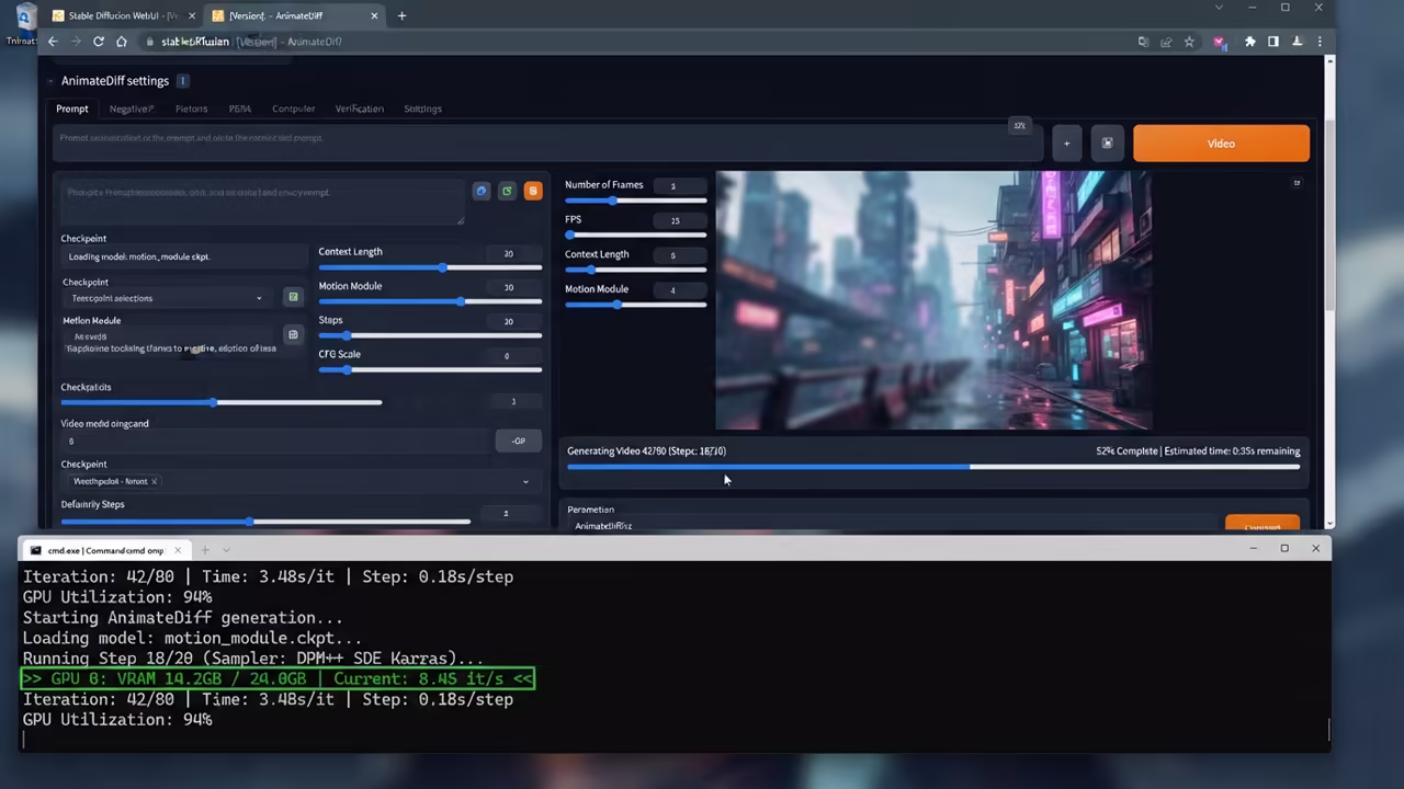 Stable Diffusion WebUI interface showing video generation progress and VRAM usage