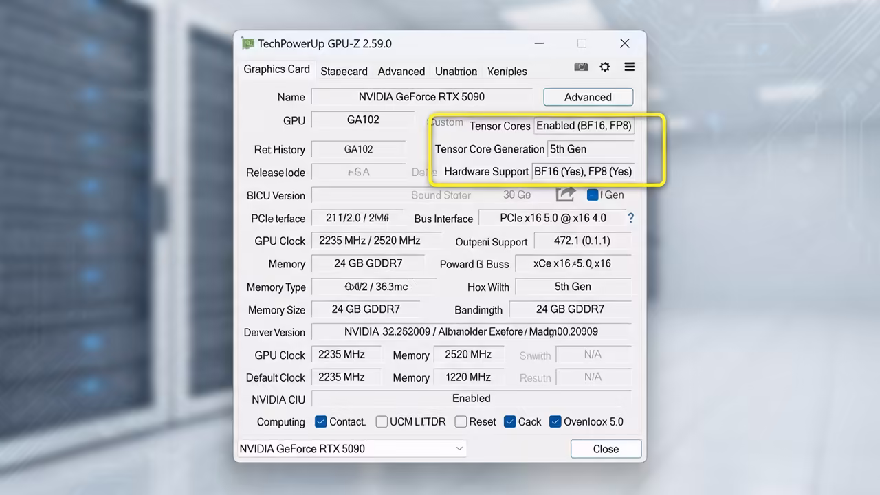 GPU Z window highlighting Tensor Core support and BF16 FP8 features