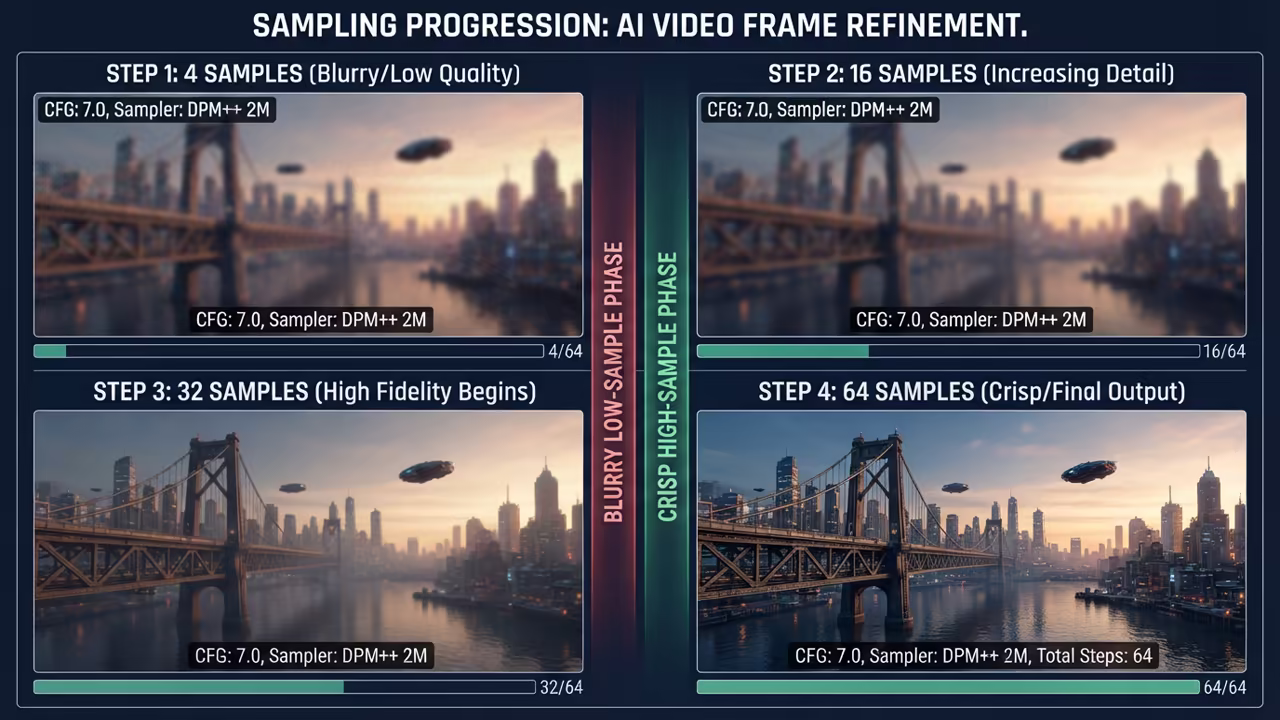 Grid showing AI video frame sampling stages from blurry to crisp