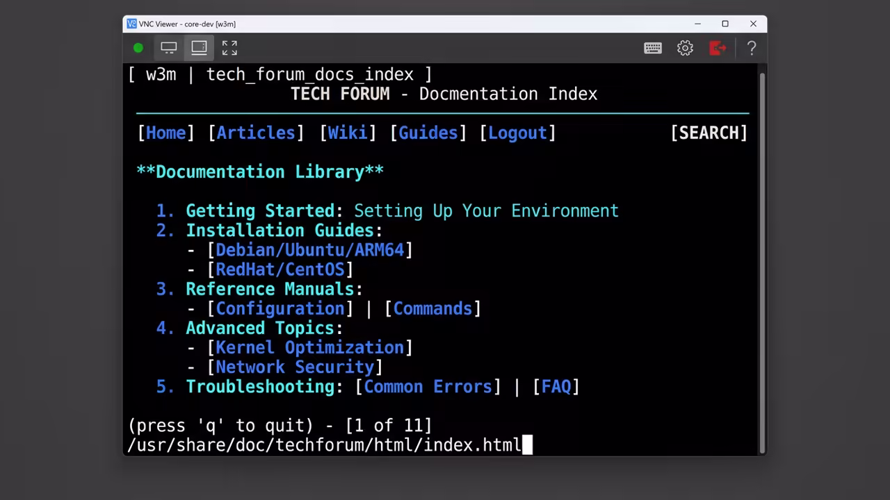 VNC viewer window showing w3m browser output